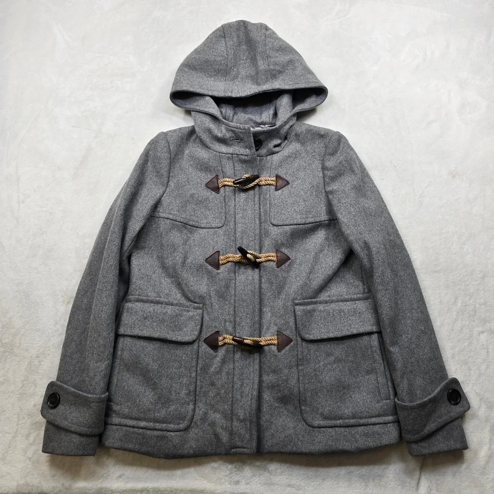 J Crew Duffle Coat Womens XS 0‎ Grey Melton Wool Italy Hood Toggle Peacoat